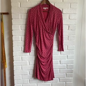 Boden dress 6 R cinched sides pink with dots faux wrap midi long sleeve EUC